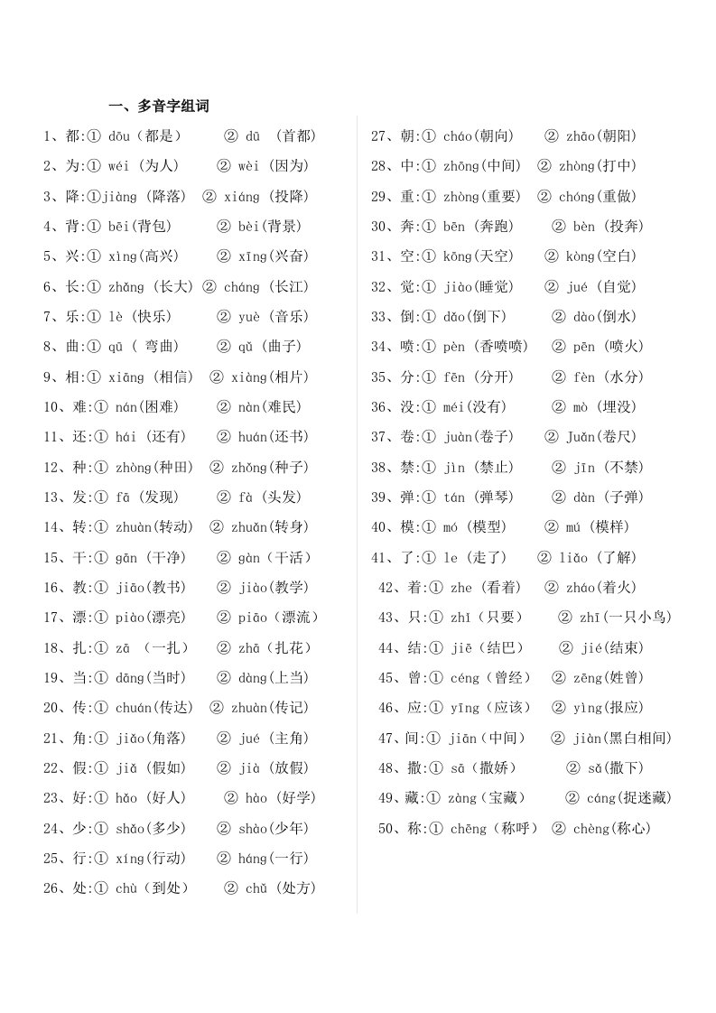 二下语文多音字、反义词、近义词归纳