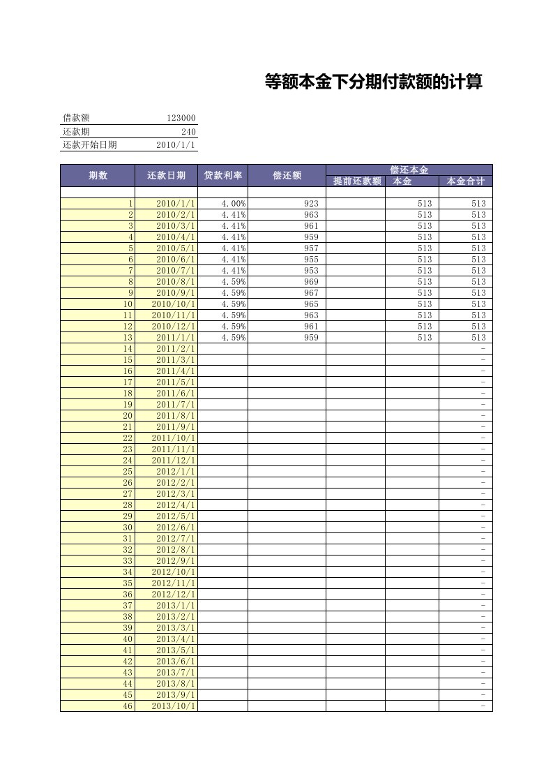 等额本金付款表