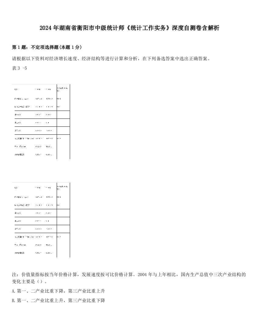 2024年湖南省衡阳市中级统计师《统计工作实务》深度自测卷含解析