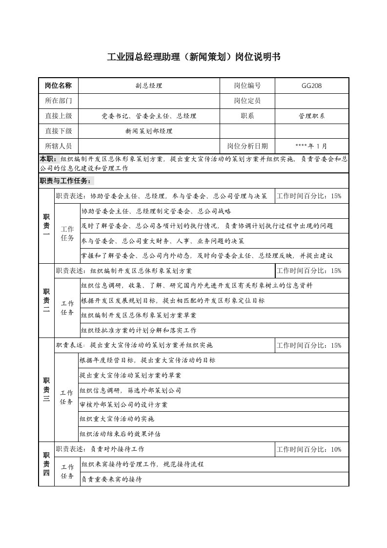 工业园总经理助理岗位说明书