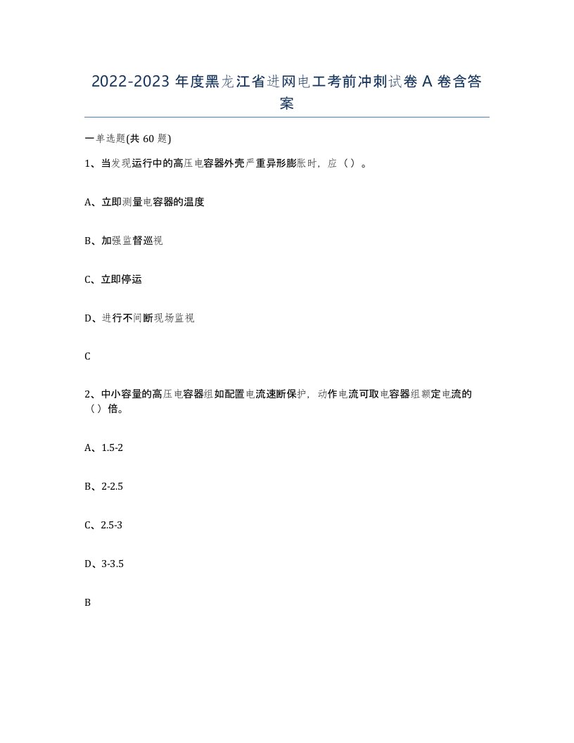 2022-2023年度黑龙江省进网电工考前冲刺试卷A卷含答案