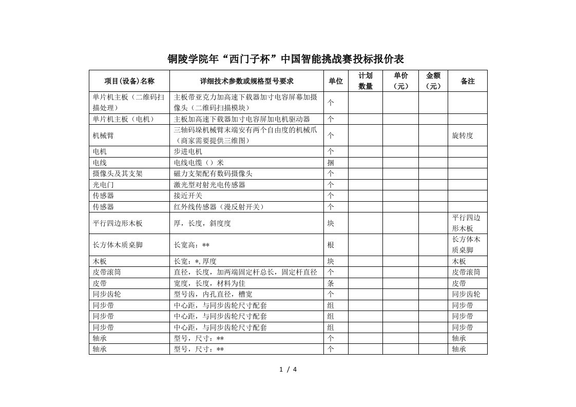 铜陵学院2019年西门子杯中国智能挑战赛投标报价表