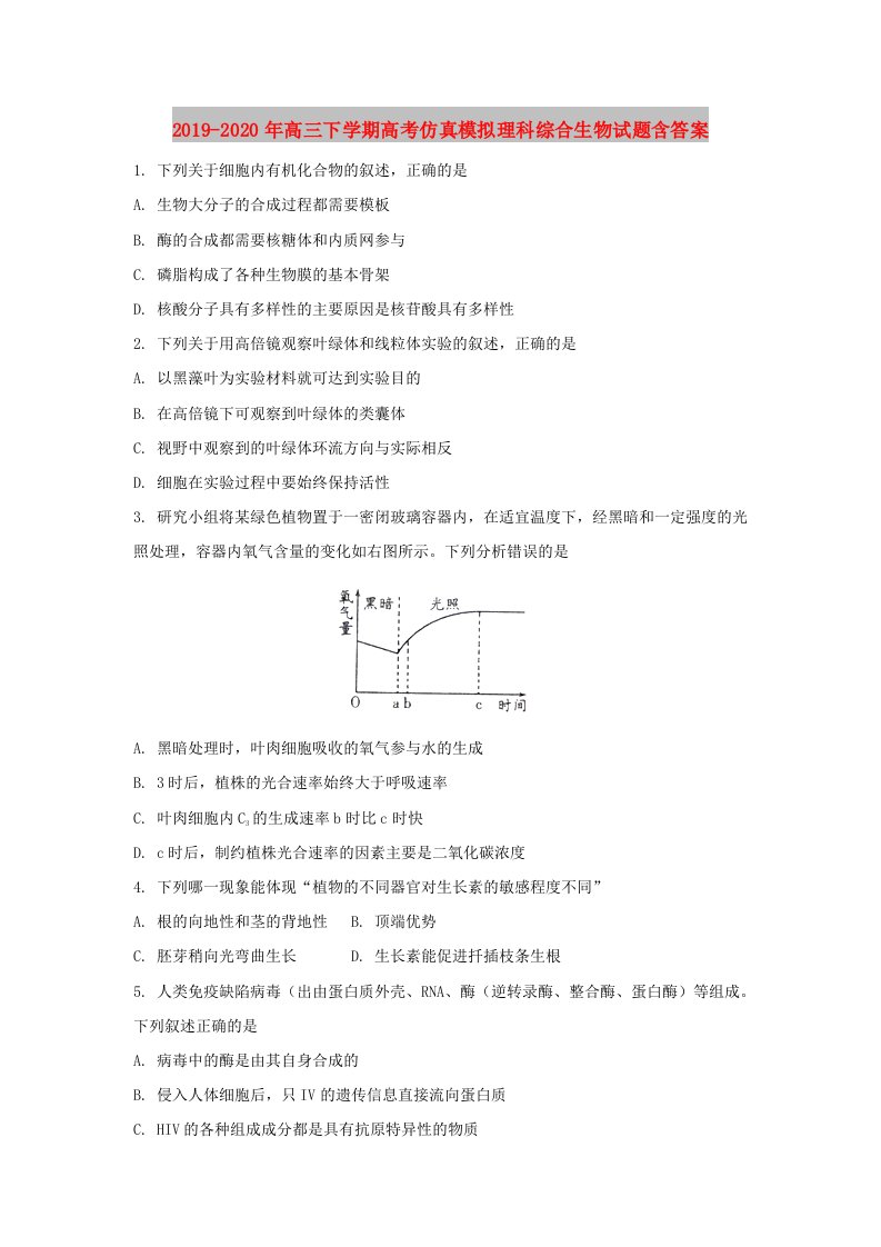 2019-2020年高三下学期高考仿真模拟理科综合生物试题含答案