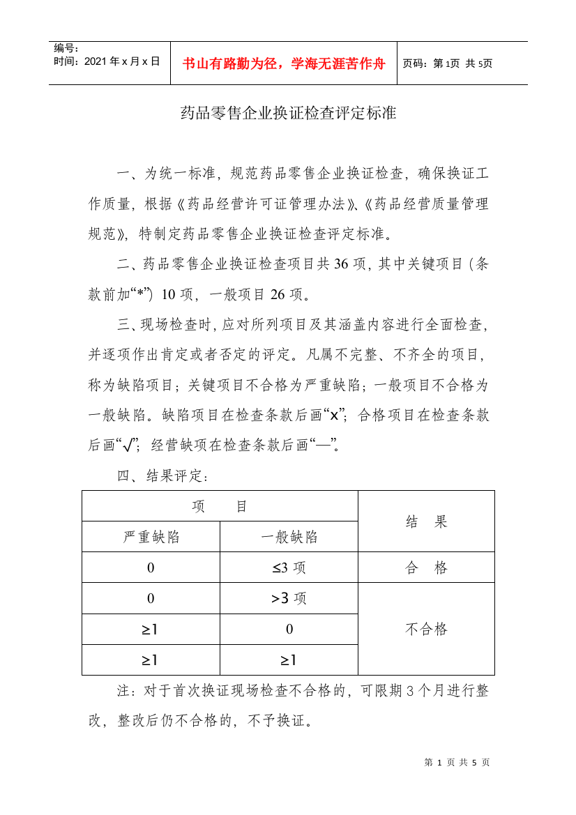 药品零售企业换证检查评定标准