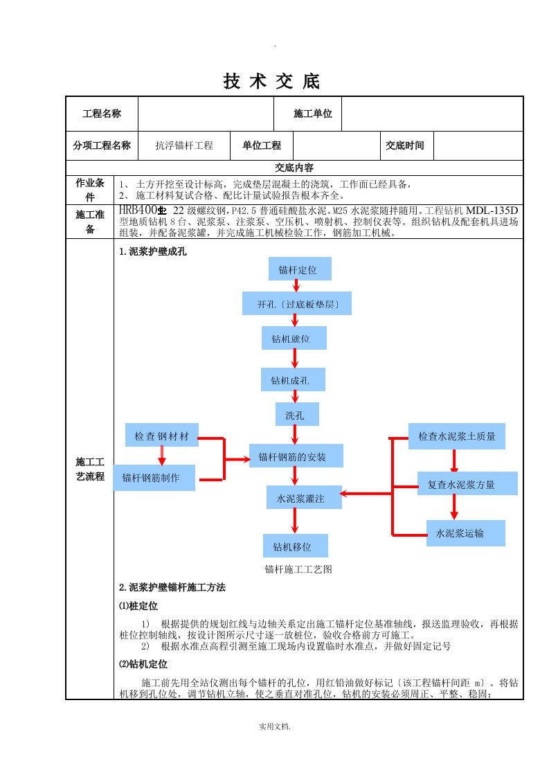 抗浮锚杆施工技术交底