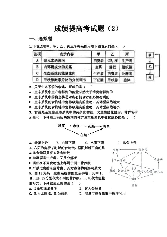 高中生物必修三第五章考试题