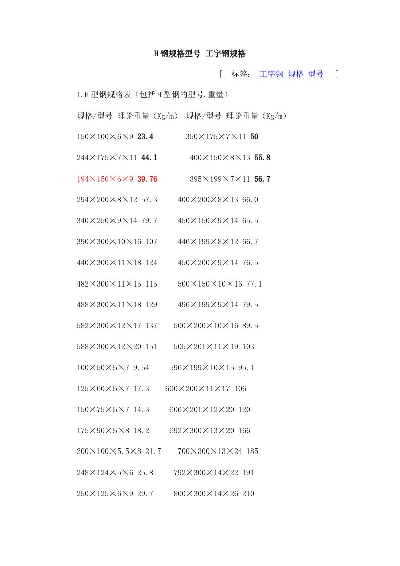 H钢规格型号