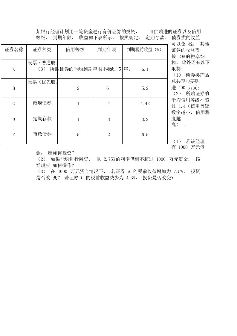 某银行经理计划用一笔资金进行有价证券的投资