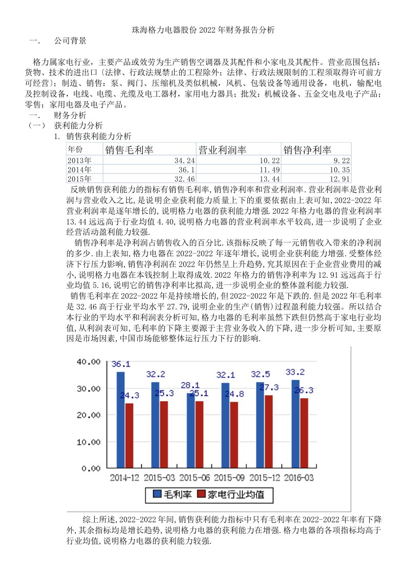 格力电器2022年财务报告分析