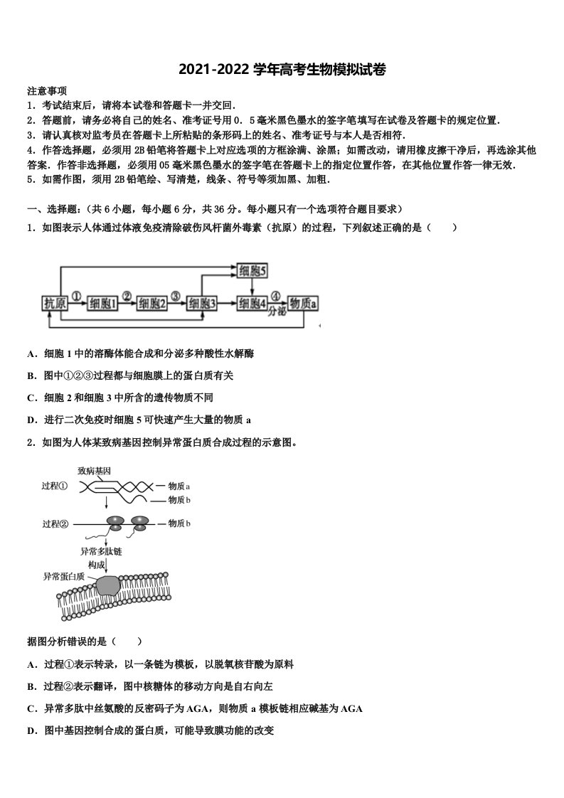 湖南省常宁一中2021-2022学年高三3月份模拟考试生物试题含解析