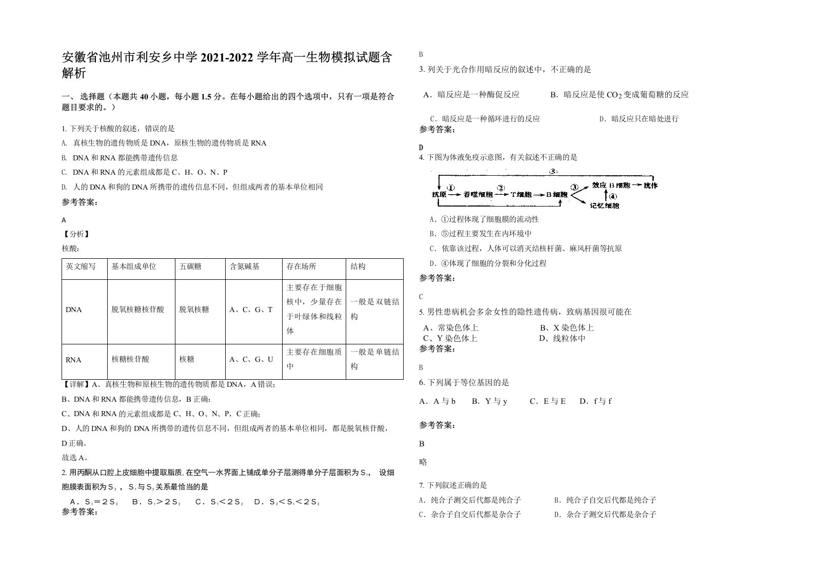 安徽省池州市利安乡中学2021-2022学年高一生物模拟试题含解析