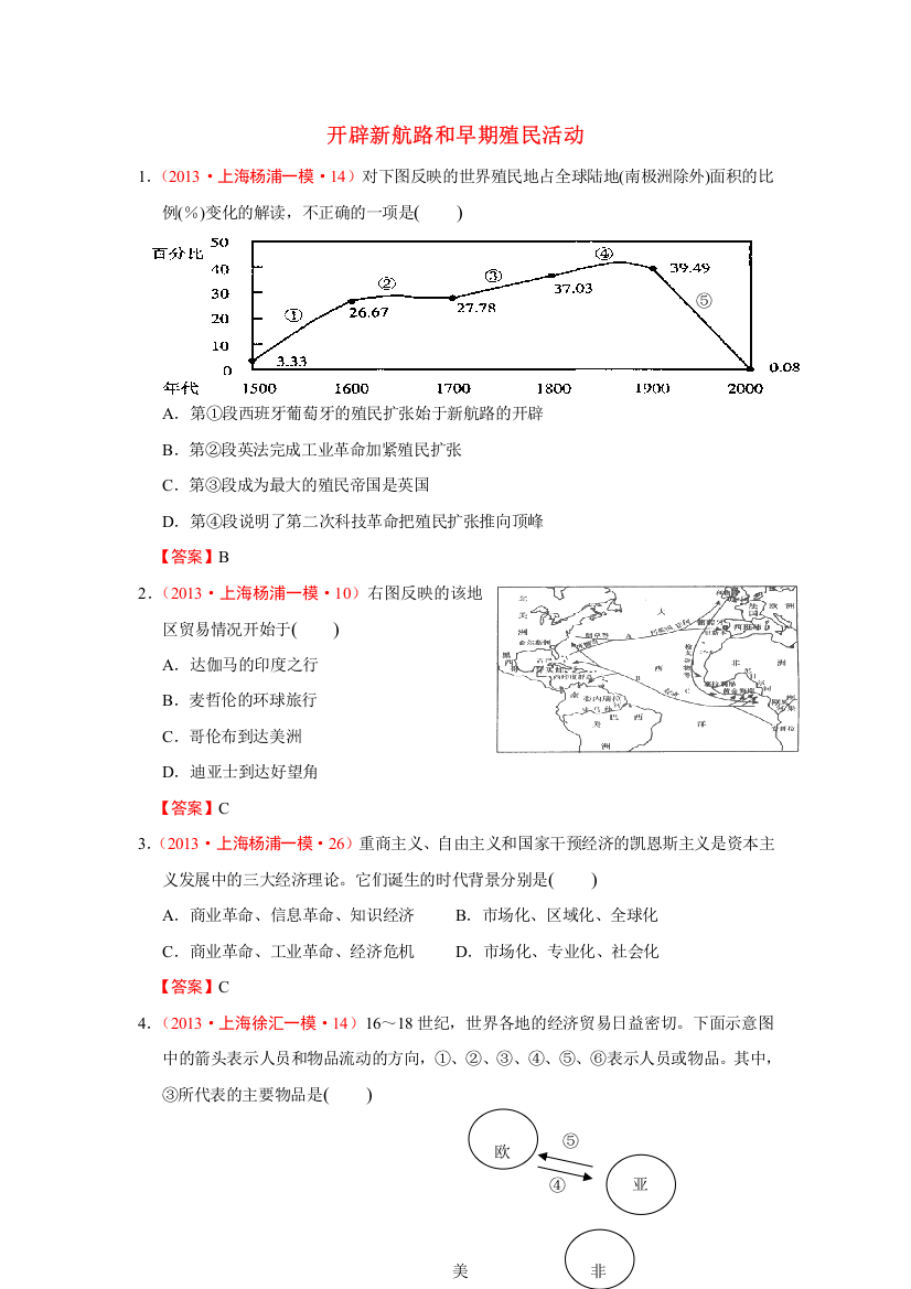 2013年上海市各地历史模拟试题分类汇编（华东师大版）：开辟新航路和早期殖民活动