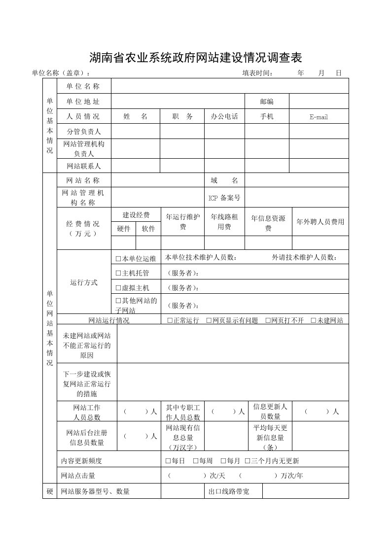 湖南省农业系统政府网站建设情况调查表