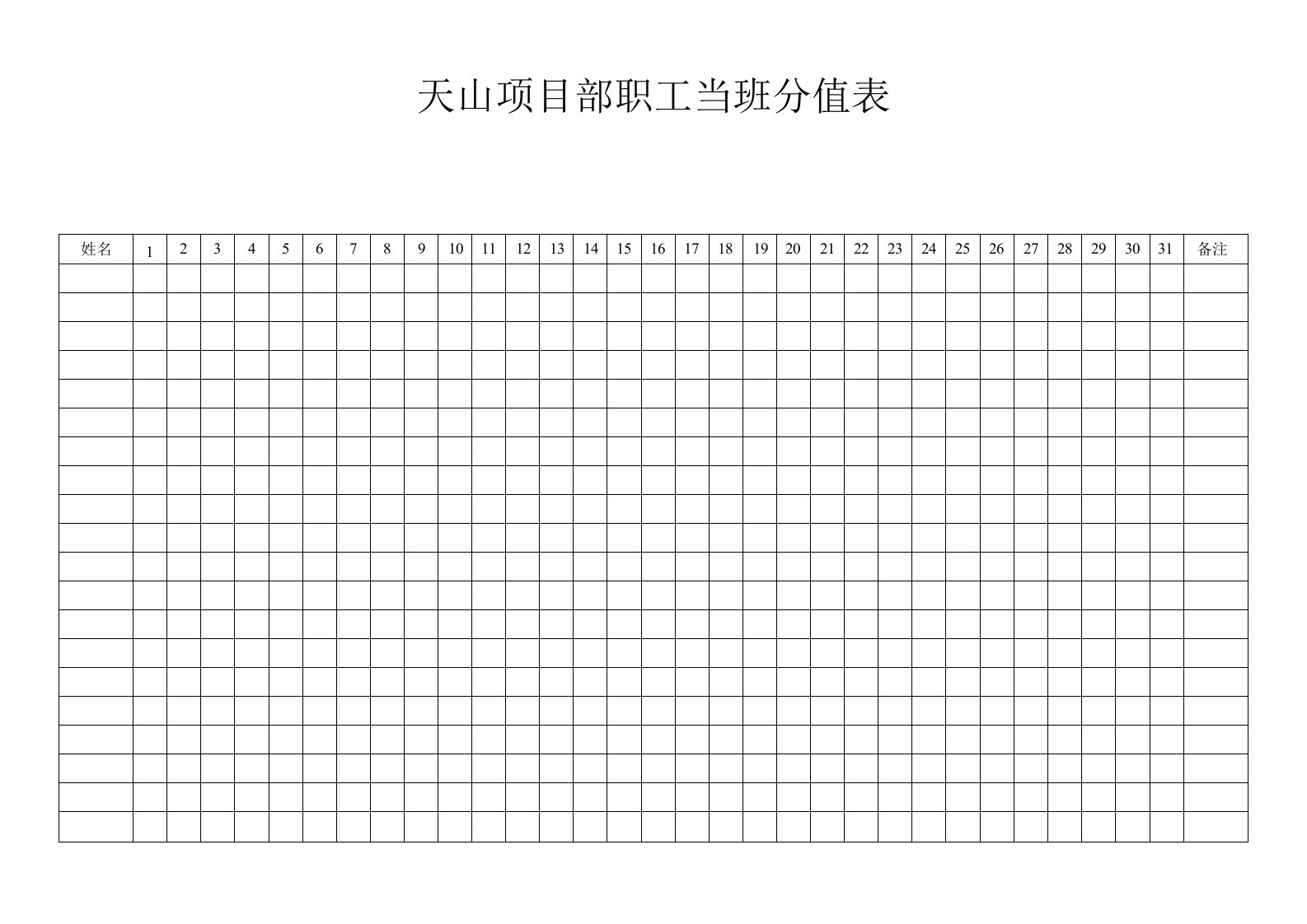 天山项目部职工分值表