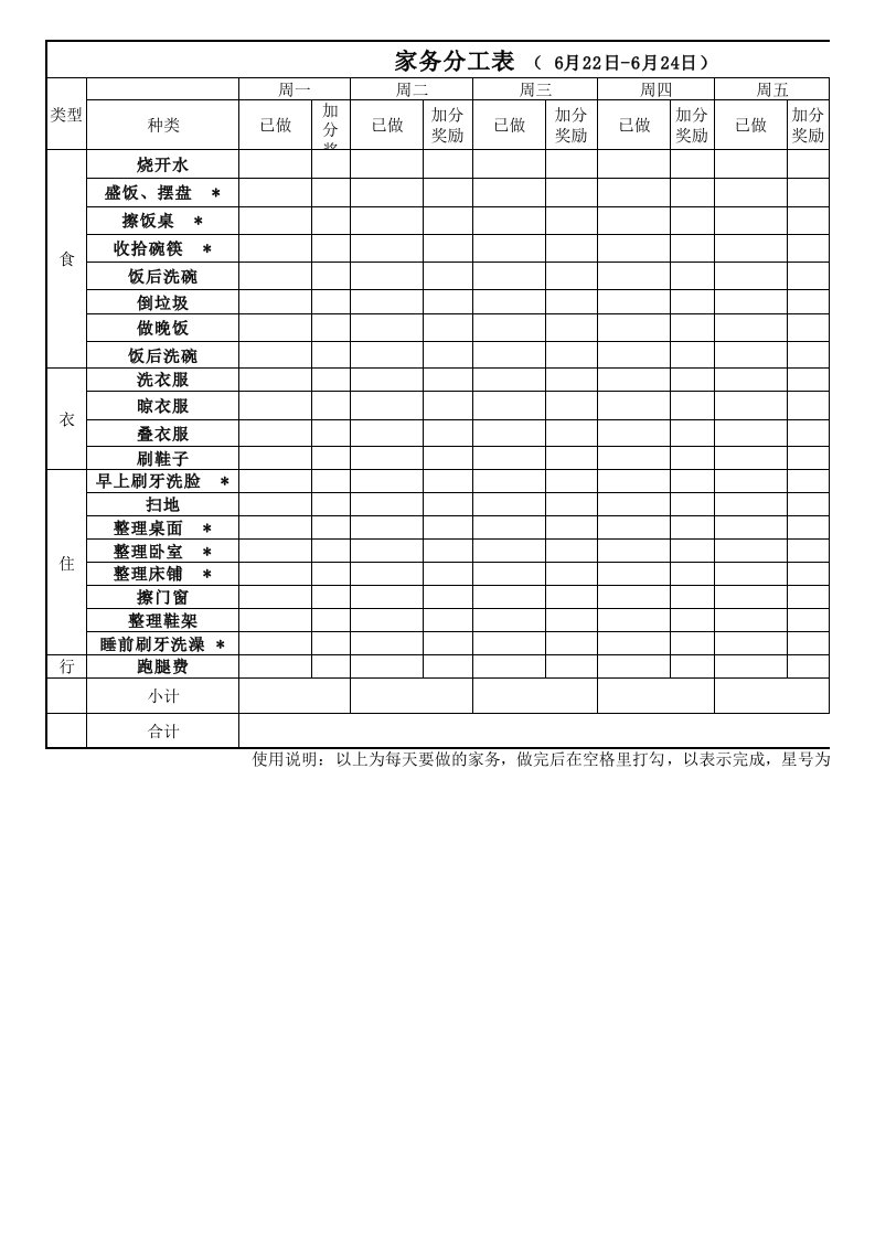 小学生暑假家务劳动表