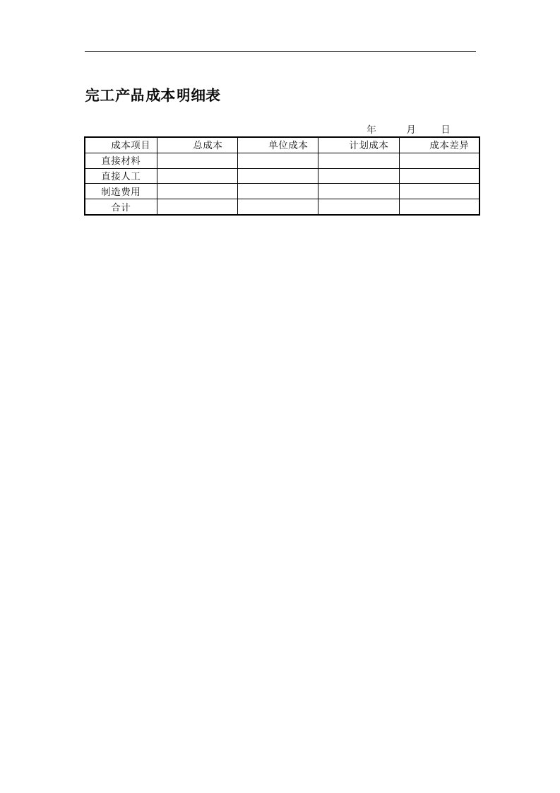 完工产品成本明细表