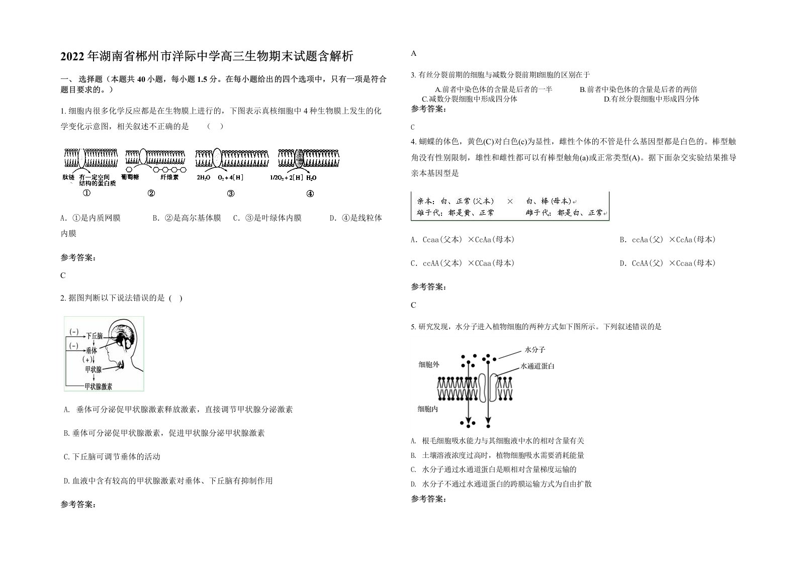 2022年湖南省郴州市洋际中学高三生物期末试题含解析