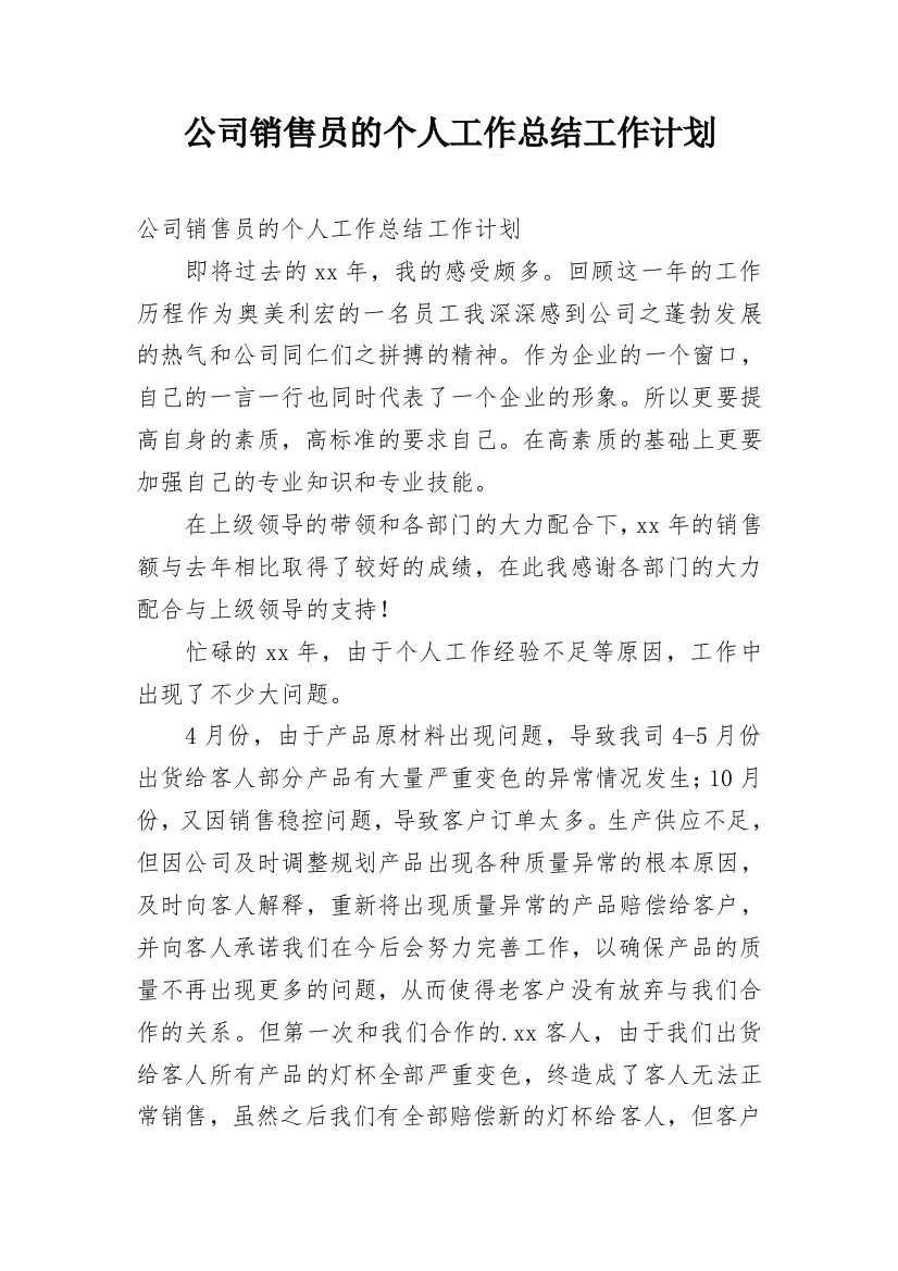 公司销售员的个人工作总结工作计划