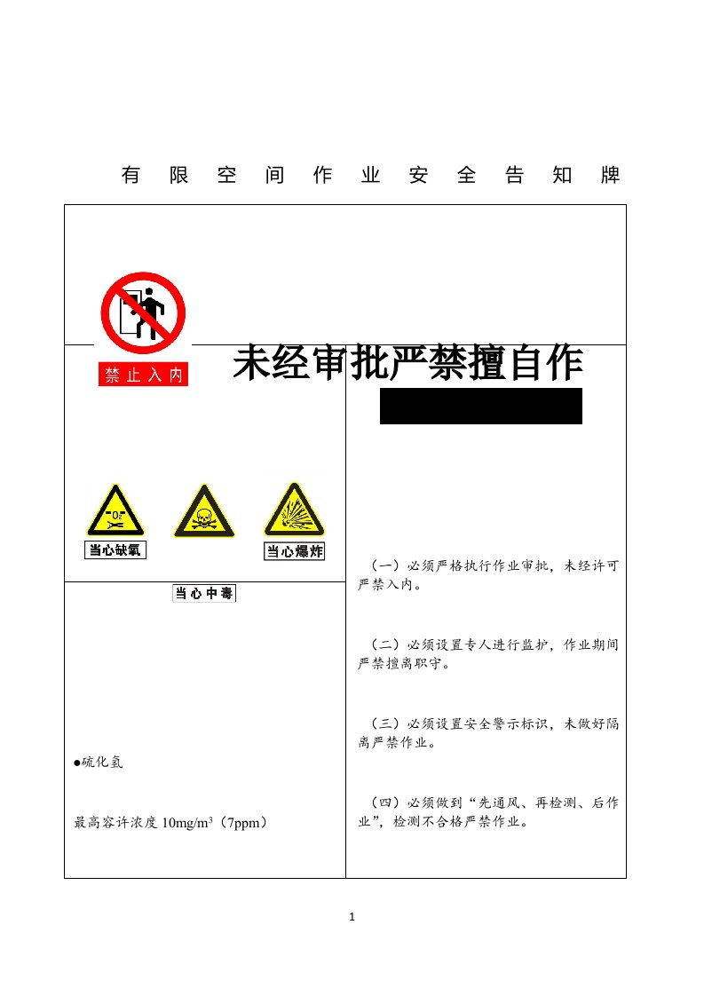 工贸企业有限空间作业安全告知牌样例