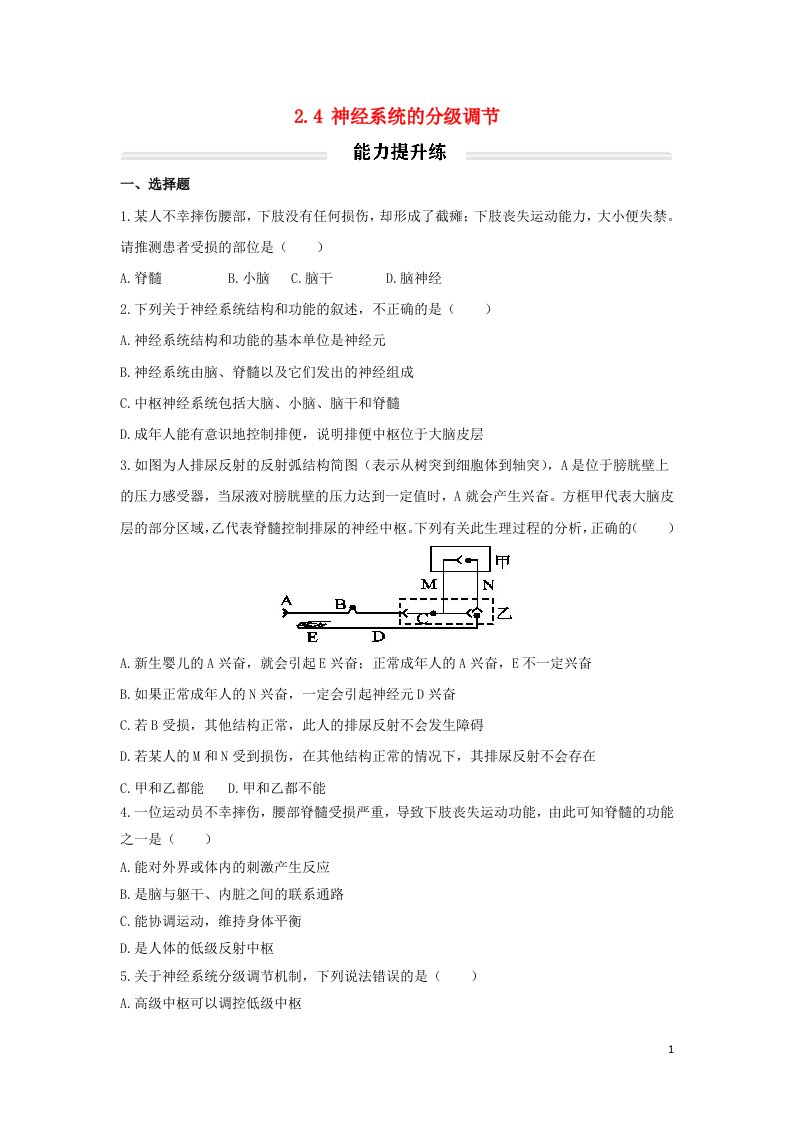 2022年高中生物2.4神经系统的分级调节能力提升练无答案新人教版选择性必修1