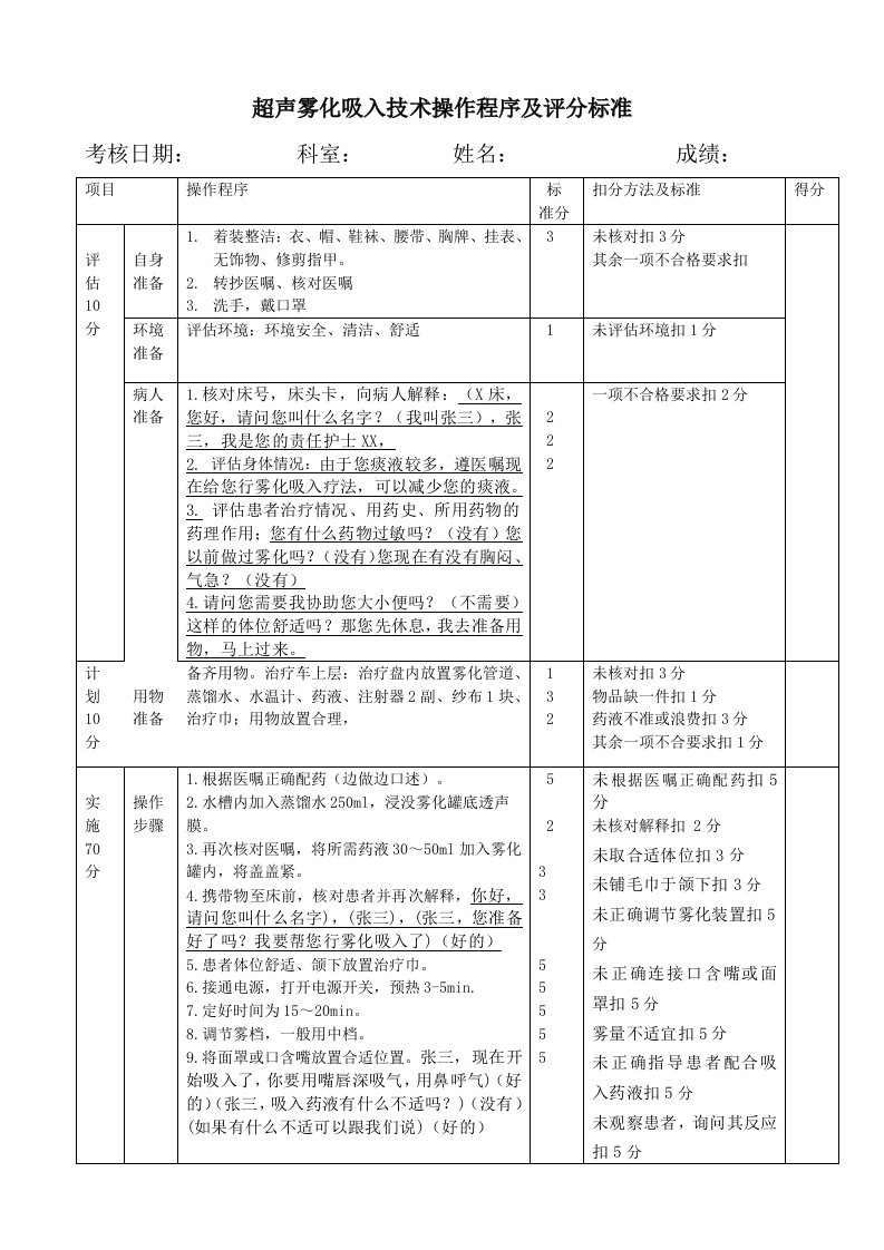 超声雾化吸入技术操作考核评分标准