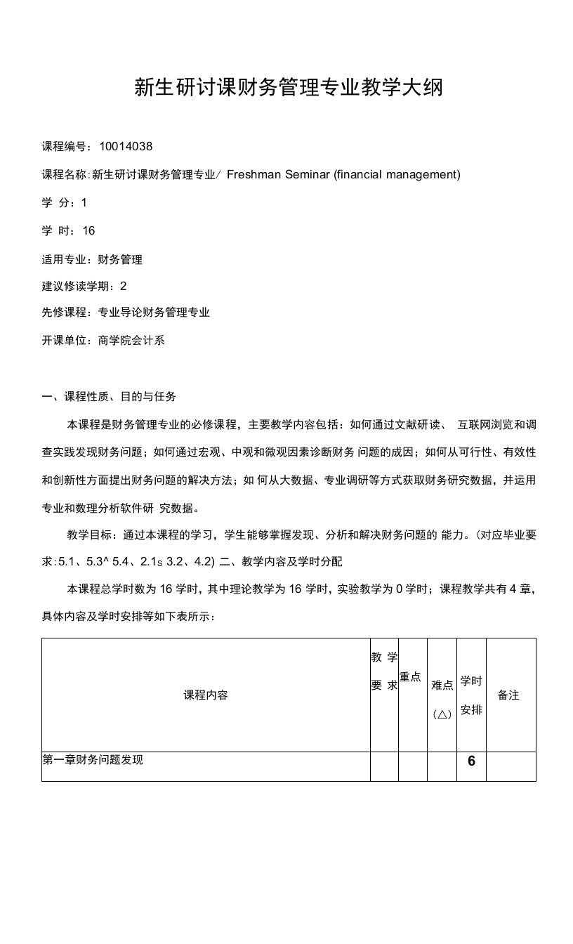 新生研讨课财务管理专业教学大纲