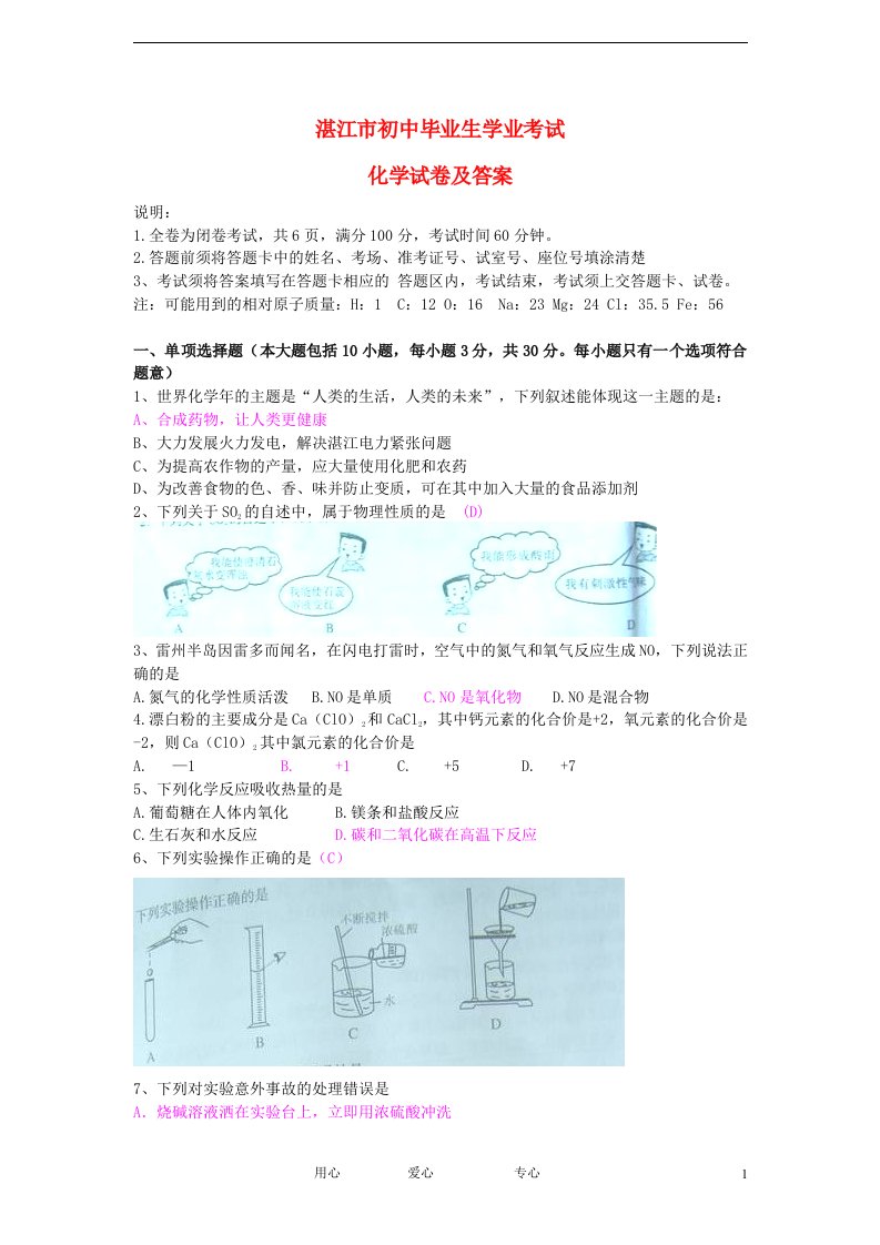 广东省湛江市中考化学真题试题