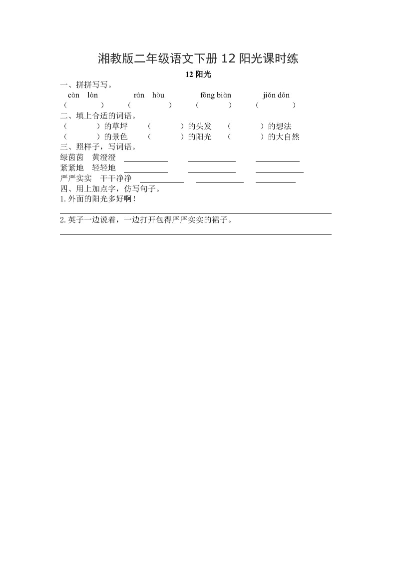 湘教版二年级语文下册12阳光课时练