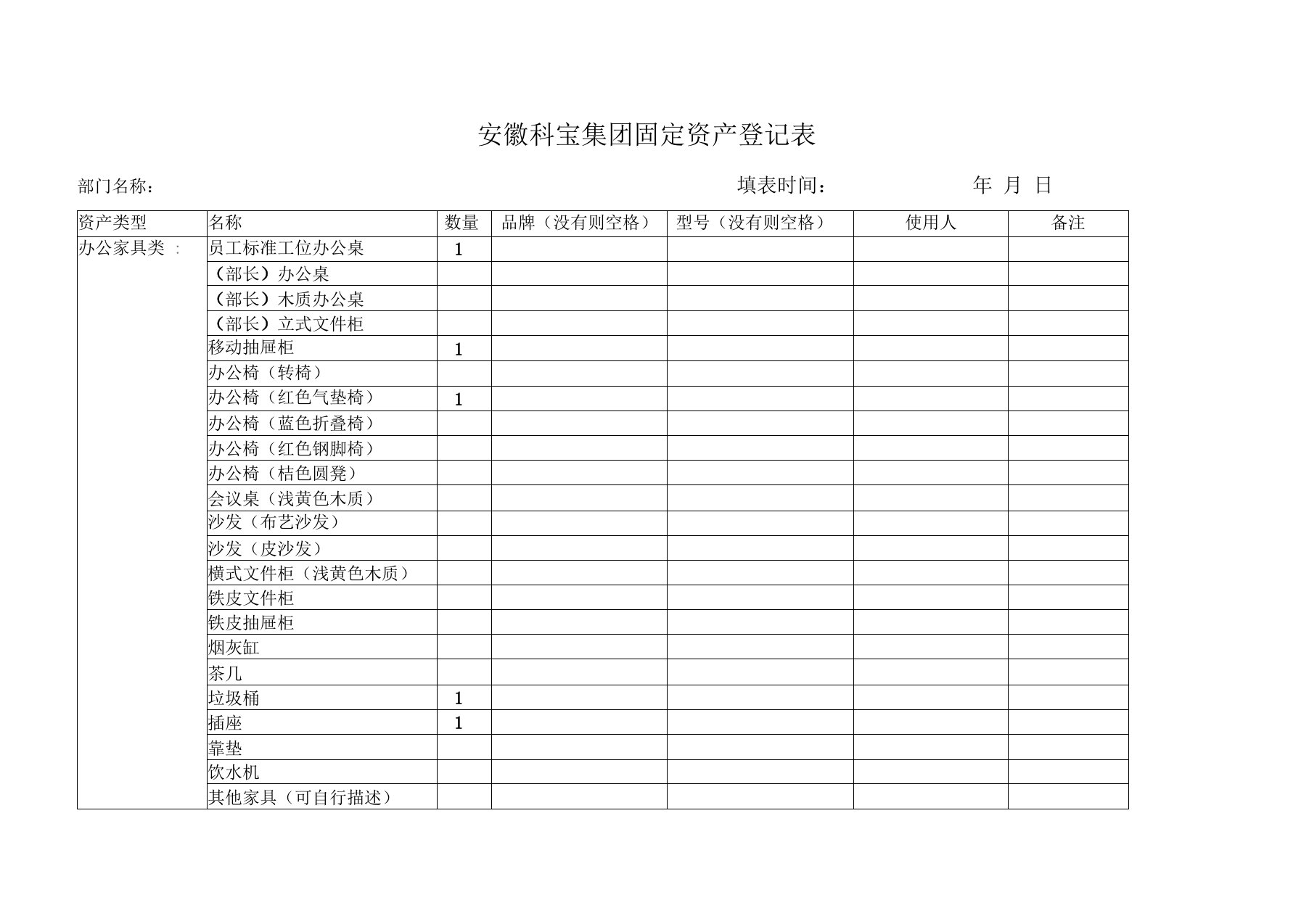 《公司固定资产登记表》