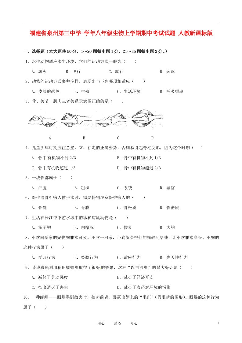 福建省泉州第三中学八级生物上学期期中考试试题