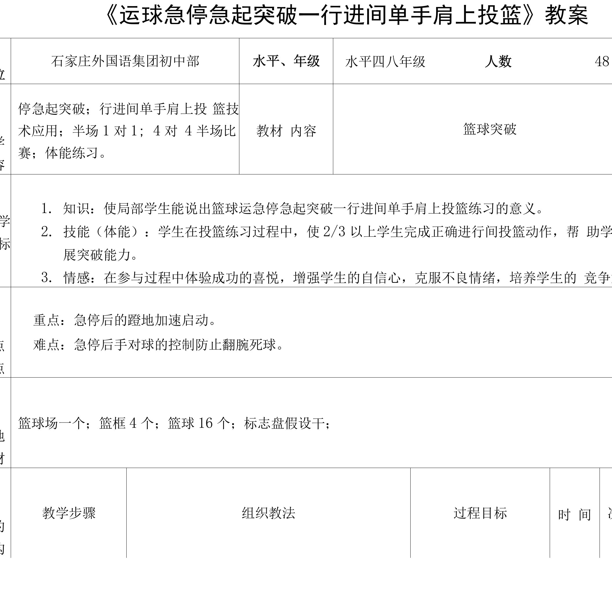 《运球急停急起突破—行进间单手肩上投篮》教案