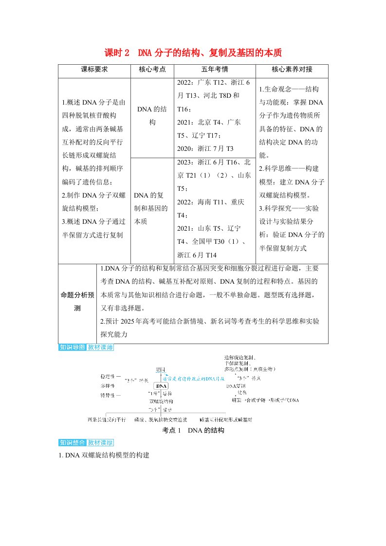 备考2024届高考生物一轮复习讲义第六章遗传的分子基础课时2DNA分子的结构复制及基因的本质考点1　DNA的结构