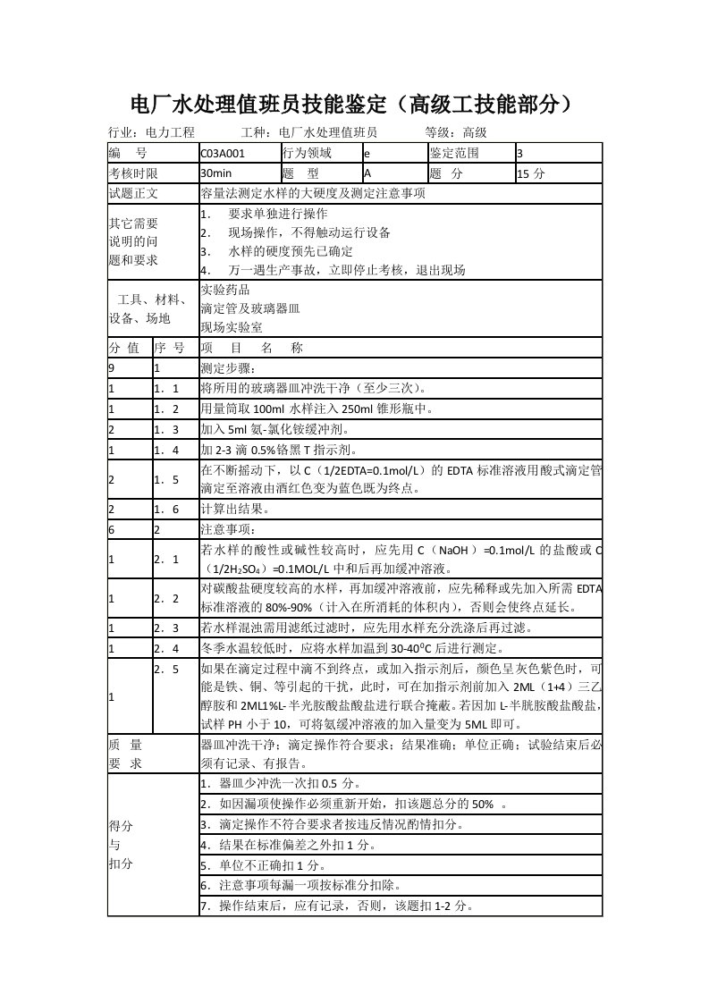 电厂水处理值班员技能鉴定(高级工技能部分)