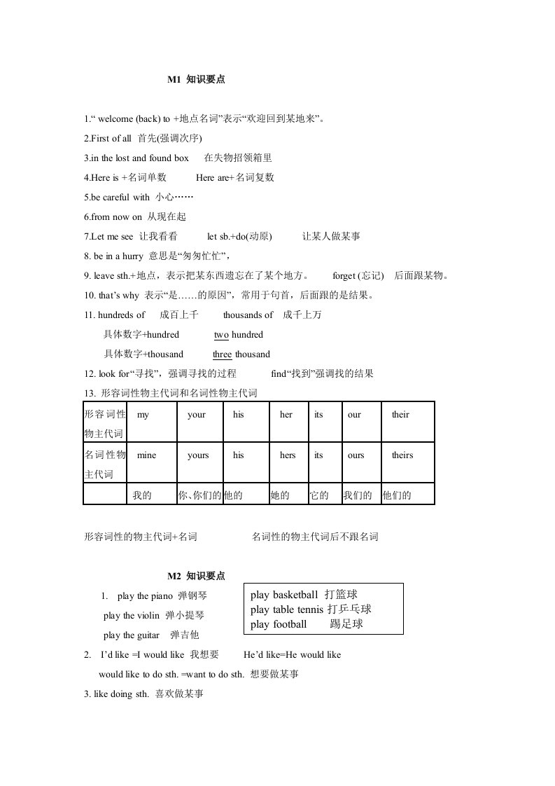 外研版七下复习知识要点