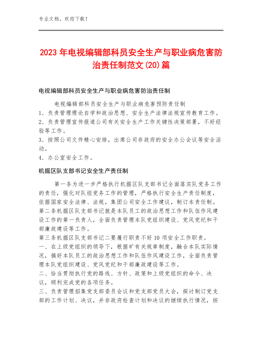 2023年电视编辑部科员安全生产与职业病危害防治责任制范文(20)篇