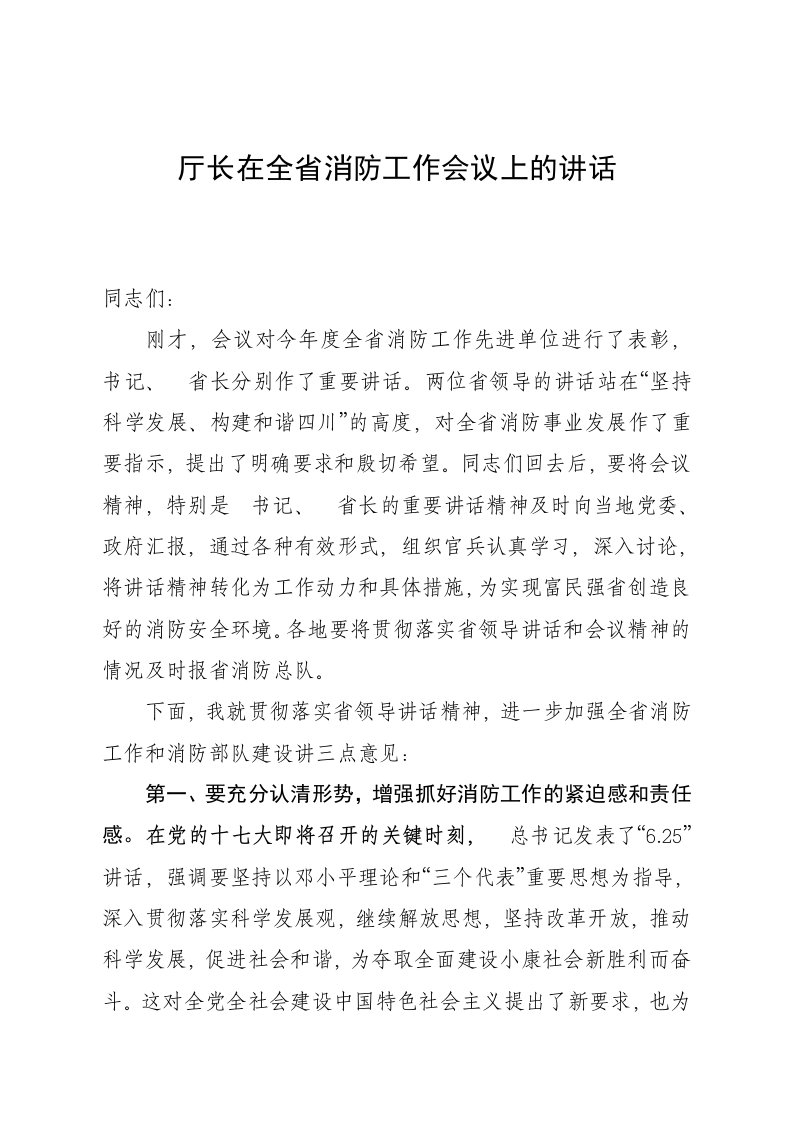 厅长在全省消防工作会议上的讲话