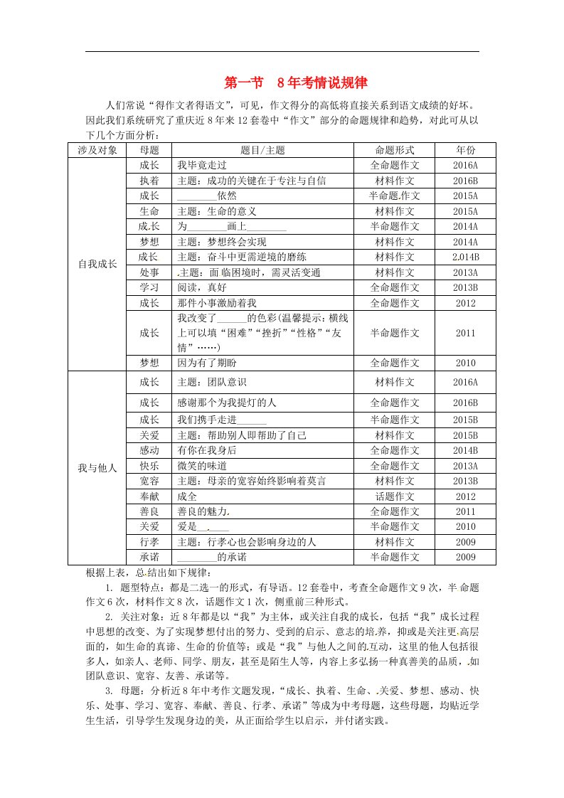 2018重庆省中考语文：第四部分作文专题一看破千道题其实一文章第一年考情说规律素