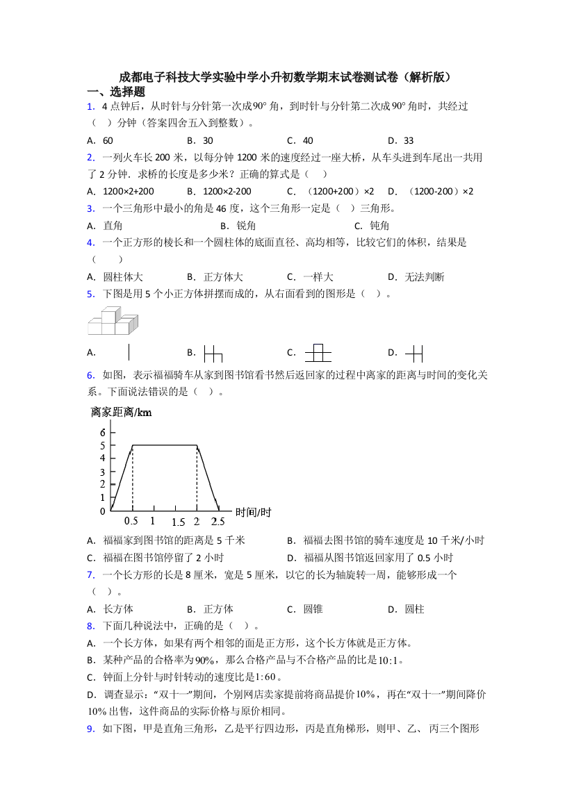 成都电子科技大学实验中学小升初数学期末试卷测试卷（解析版）