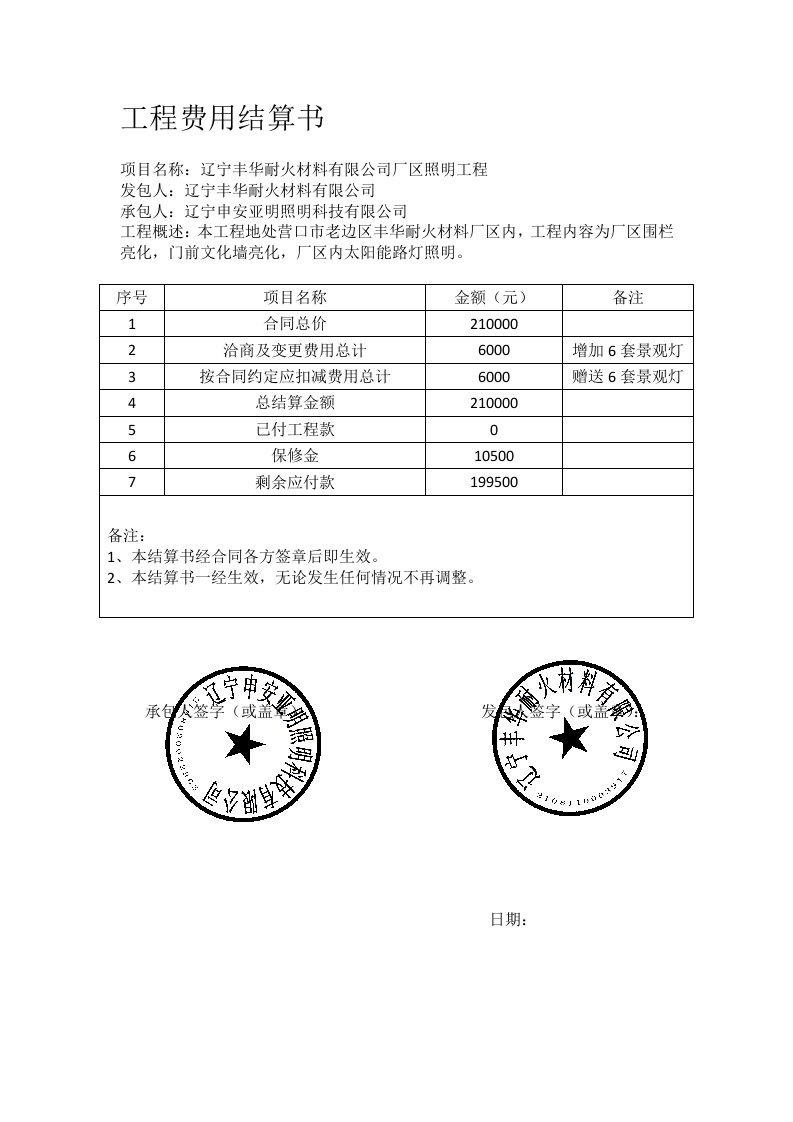 工程费用结算书样本