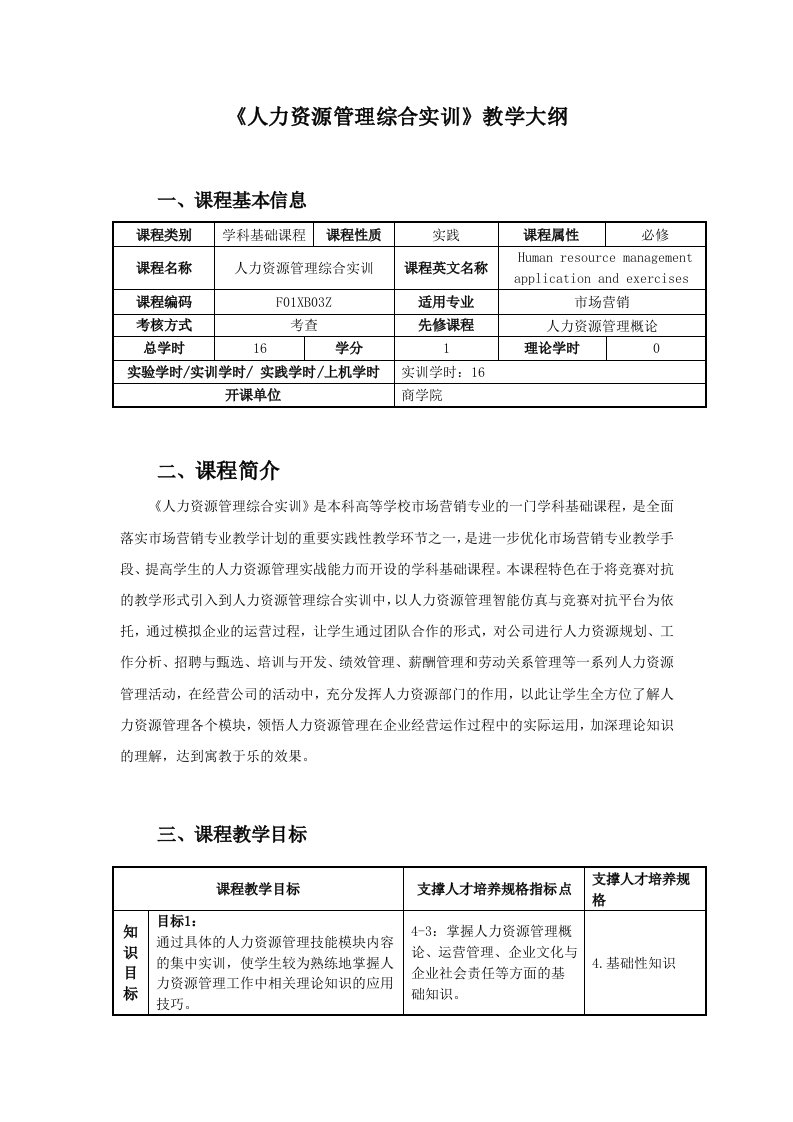 《人力资源管理综合实训》教学大纲