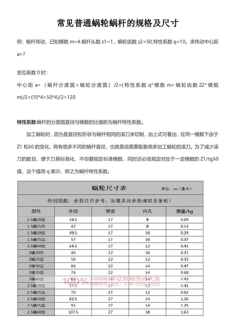 蜗轮蜗杆(常见普通)规格及尺寸