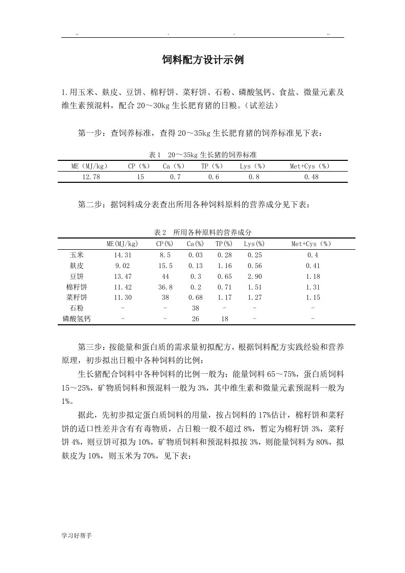 饲料配方设计示例