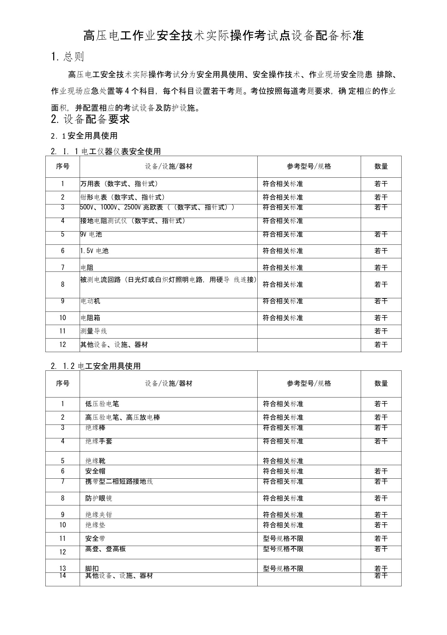 高压电工作业安全技术实际操作考试点设备配备标准