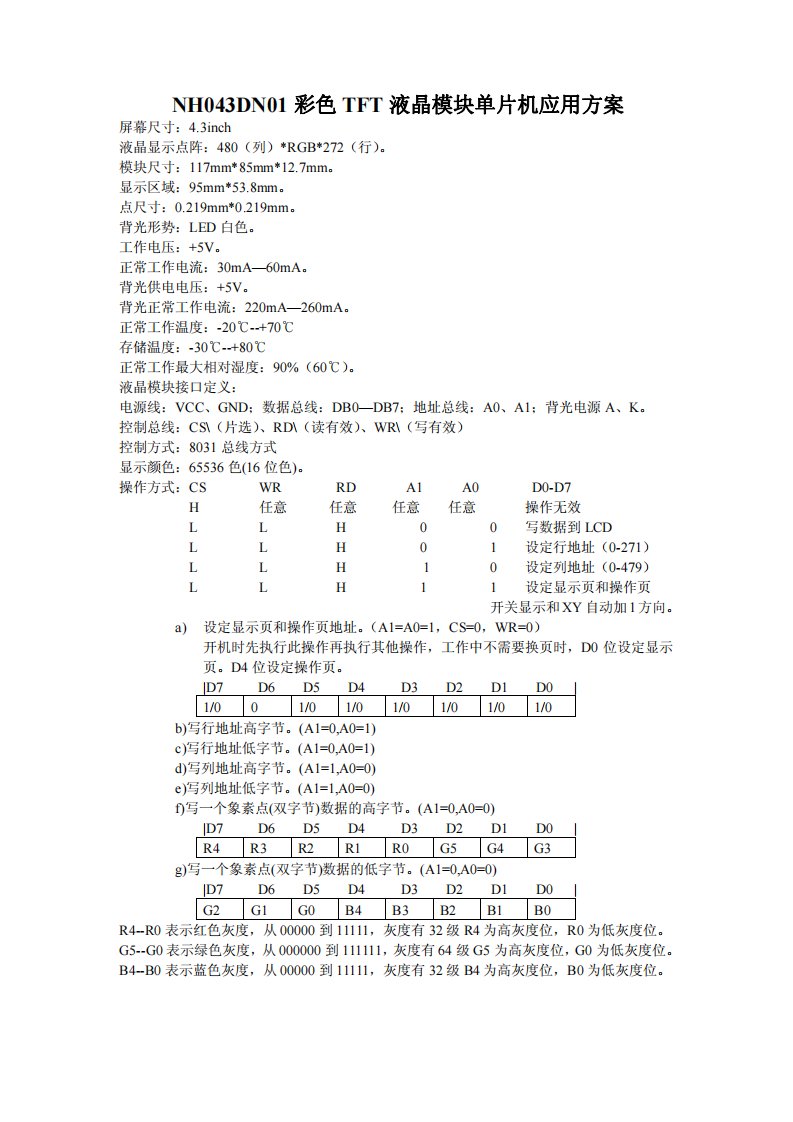 NH043DN01彩色TFT液晶模块单片机应用方案