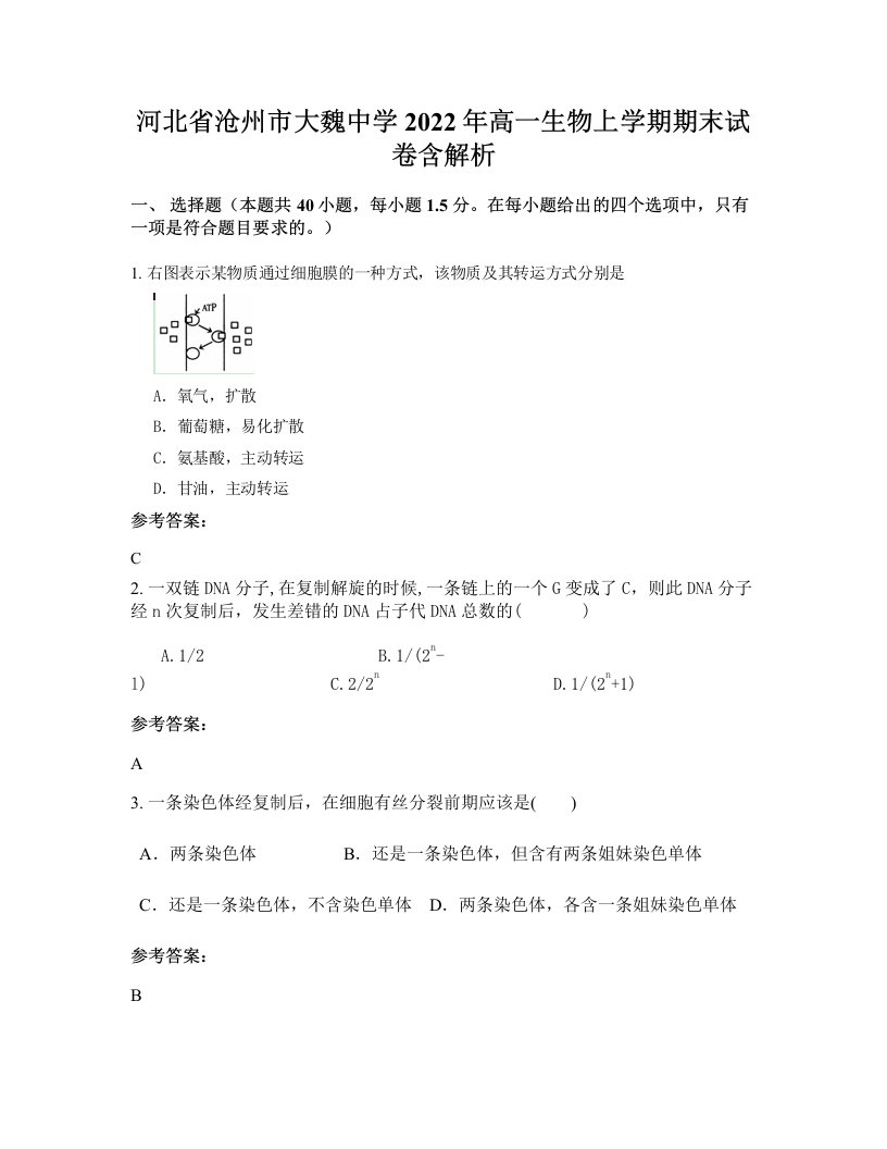 河北省沧州市大魏中学2022年高一生物上学期期末试卷含解析