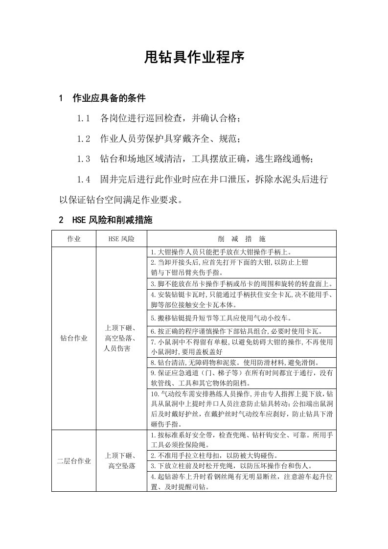 甩钻具作业程序