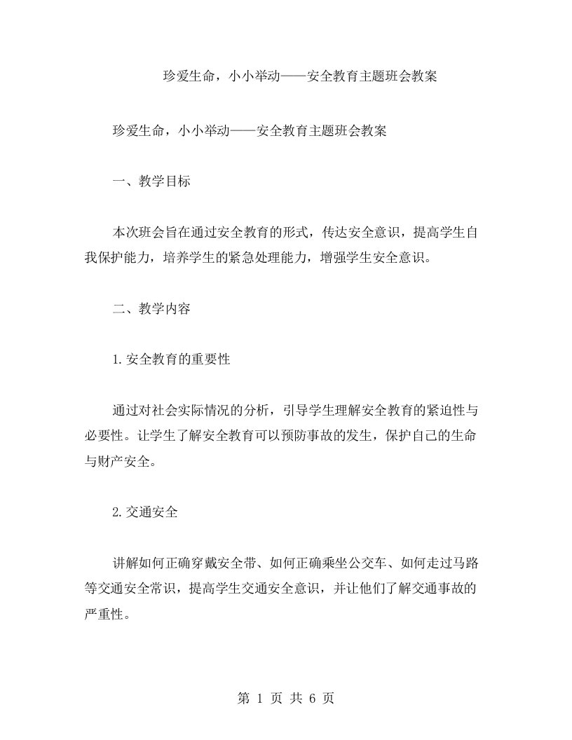 珍爱生命，小小举动——安全教育主题班会教案