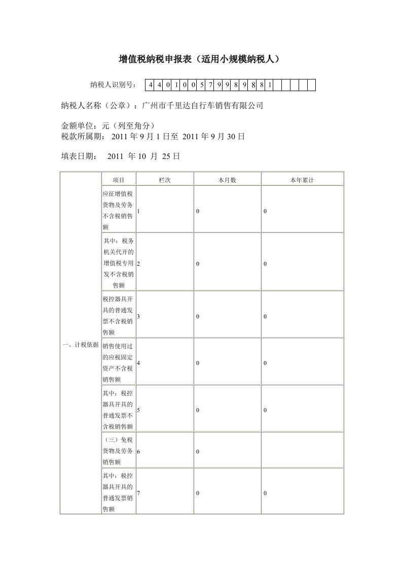 增值税小规模纳税人纳税申报表