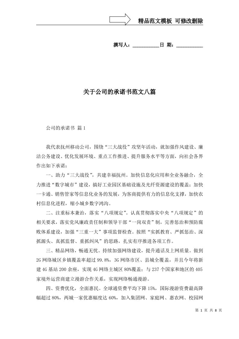 关于公司的承诺书范文八篇