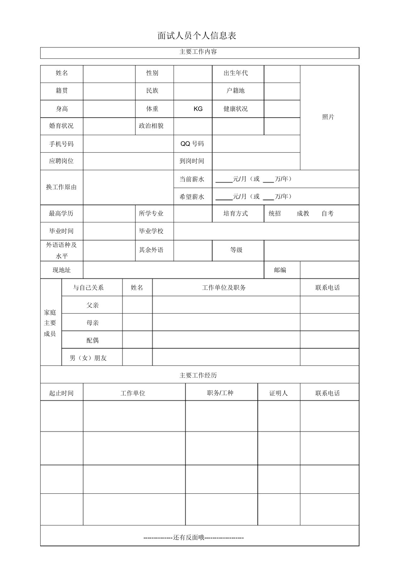 面试人员个人信息表格范例